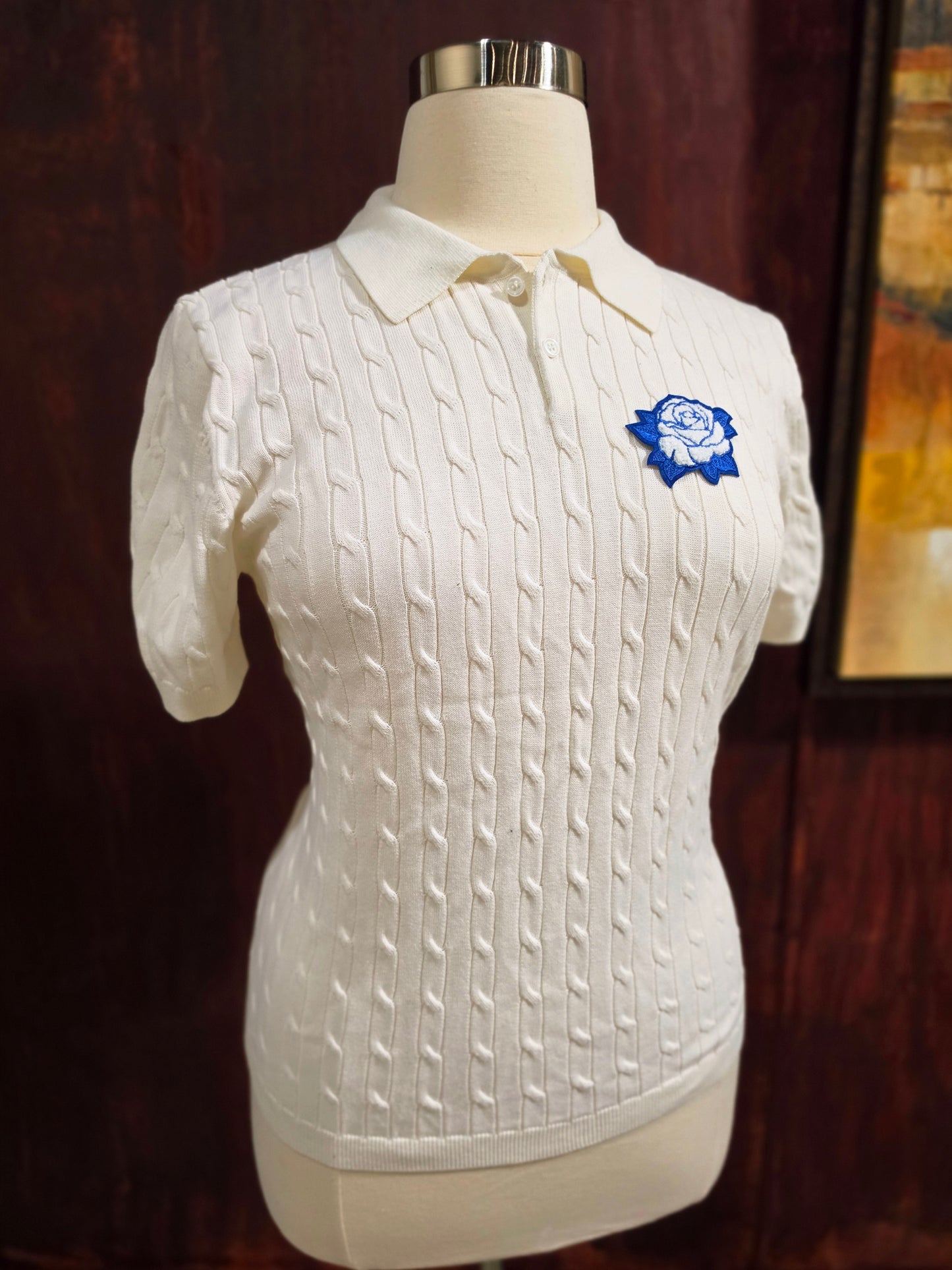 White Cable Knit Polo (Rose)