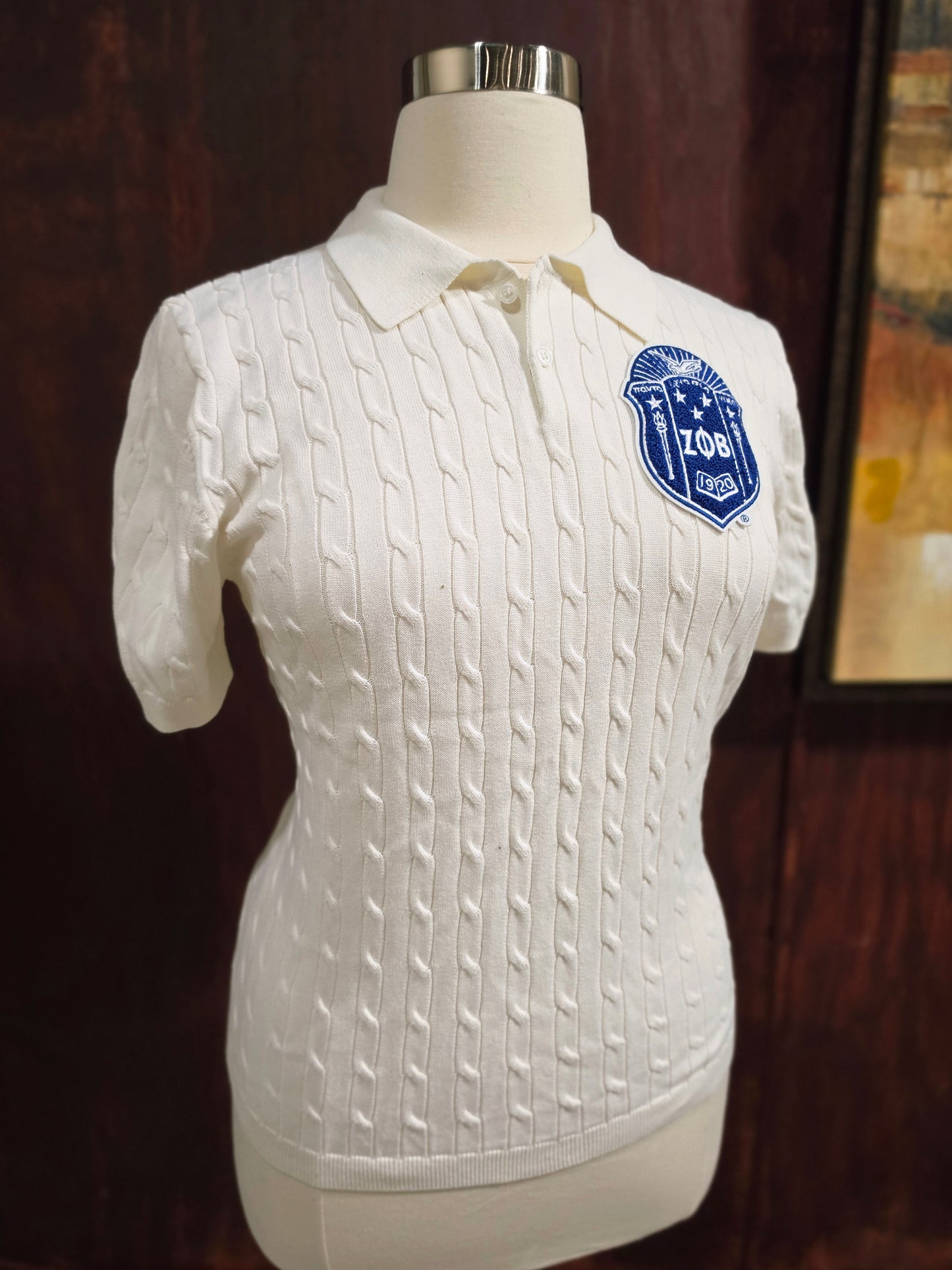 White Cable Knit Polo (w/ Shield)