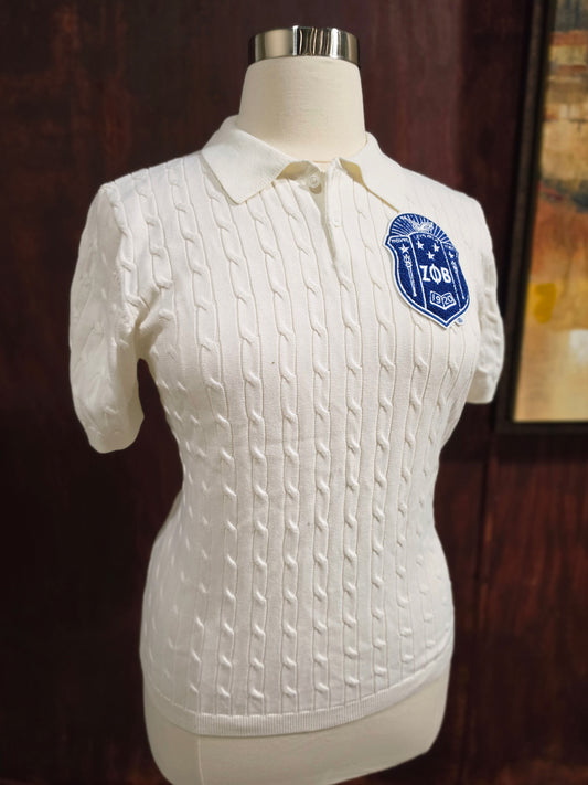 White Cable Knit Polo (Shield)